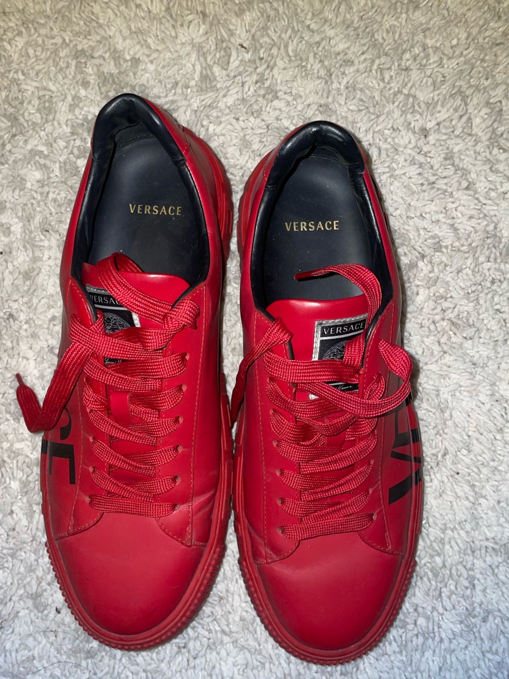 Versace Men’s Bold Red Leather Sneakers with Black Logo